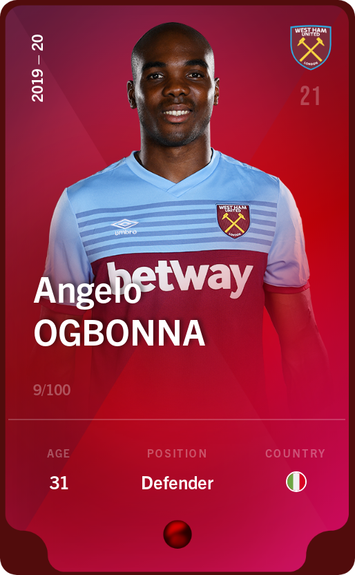Sorare - Sorare Official - Angelo Ogbonna 2019-20 • Rare 9/100 - NFT # 24603808395674309836021203435766916937198332263198372145572789939412164891888