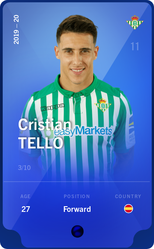 Sorare - Sorare Official - Cristian Tello 2019-20 • Super Rare 3/10 - NFT # 11175479613007846091500181470068301878099237202233290091721130086028792579729