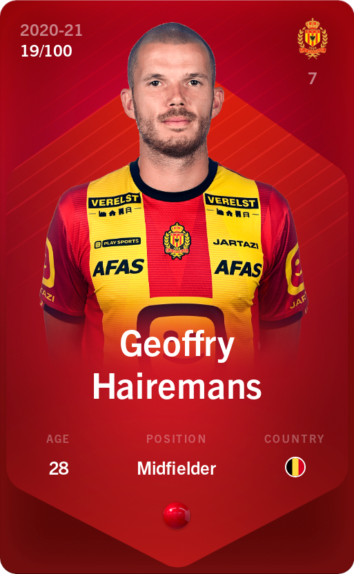 Sorare - Sorare Official - Geoffry Hairemans 2020-21 • Rare 19/100 - NFT # 23347392028030847511257056880255095112865254750250854367788850361842952829115