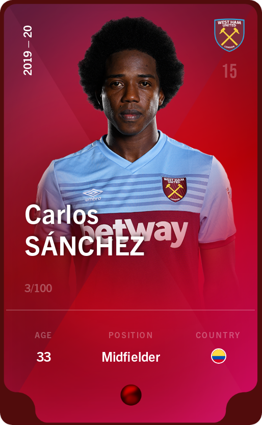 Sorare - Sorare Official - Carlos Sánchez 2019-20 • Rare 3/100 - NFT # 47098174088230289832397475509377976674290873904528914255902889327736568345363