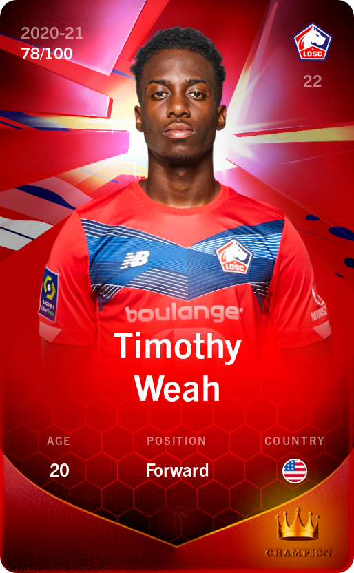 Sorare - Sorare Official - Timothy Weah 2020-21 • Rare 78/100 - NFT # 110609516777034433802937640517573005219788283577945919577424553143824643820921