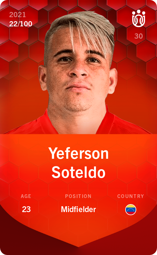 Sorare - Sorare Official - Yeferson Soteldo 2021-22 • Rare 22/100 - NFT # 74791093692531976977834099852108140504225299040505447672014903814176540789723