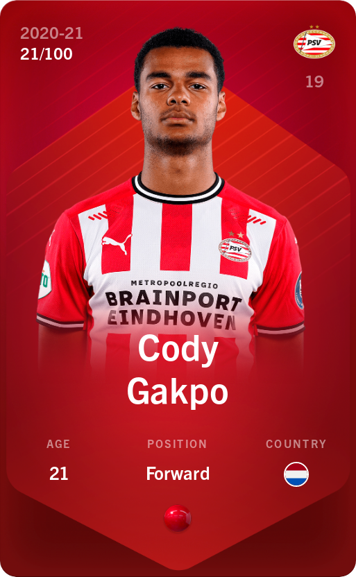 Sorare - Sorare Official - Cody Gakpo 2020-21 • Rare 21/100 - NFT # 114973711436325157341975440839328122752023611592708020673045676489286649900250