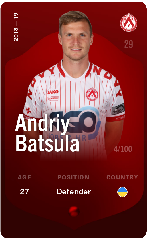 Sorare - Sorare Official - Andriy Batsula 2018-19 • Rare 4/100 - NFT # 49581014396199699155926689472867921540208313980628990010315206502826982589194