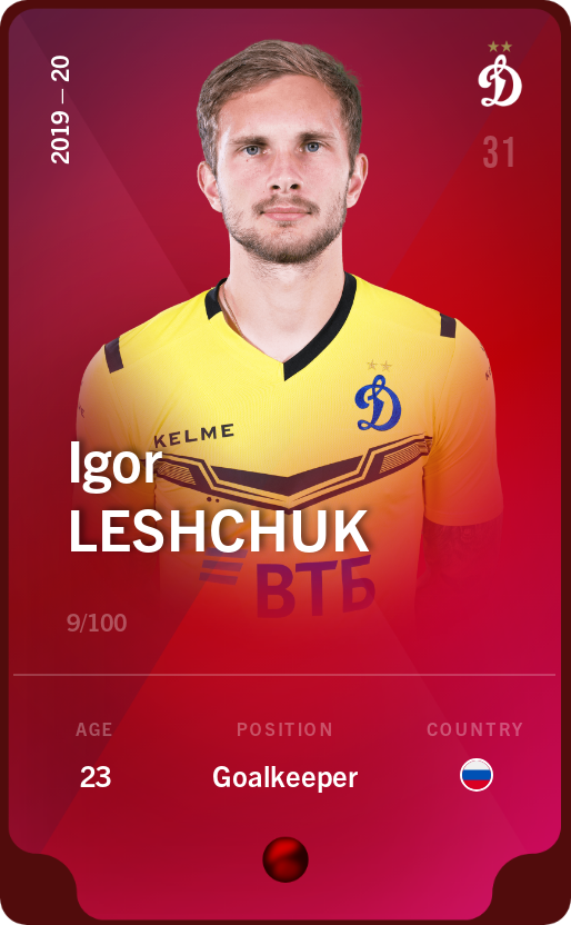 Sorare - Sorare Official - Igor Leshchuk 2019-20 • Rare 9/100 - NFT # 25829794748492763724503213962161737149622673942993324685328861663487414015546