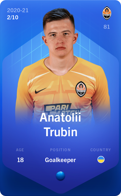 Sorare - Sorare Official - Anatolii Trubin 2020-21 • Super Rare 2/10 - NFT # 71898349644774884525967488347823054716284690746152129855627940943928254626311