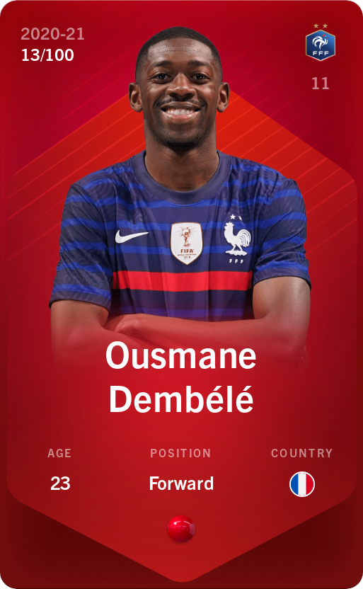 Sorare - Sorare Official - Ousmane Dembélé 2020-21 • Rare 13/100 - NFT # 61410307652916854502490412409878369811633565607888530536279698181088519513049