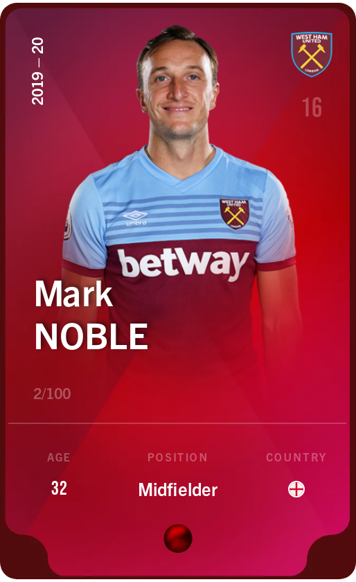 Sorare - Sorare Official - Mark Noble 2019-20 • Rare 2/100 - NFT # 80104017039606200339916120481318703690580216327369430172975963858844809836226