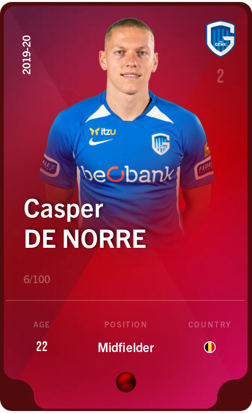 Sorare - Sorare Official - Casper De Norre 2019-20 • Rare 6/100 - NFT # 58149848179419262480679552183591846598731018575060258269588700374110485138079