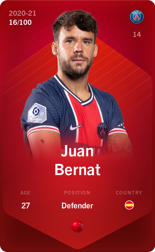 Sorare - Sorare Official - Juan Bernat 2020-21 • Rare 16/100 - NFT # 85039309927485805249398621140137361948072922842986895731106986951391820156444
