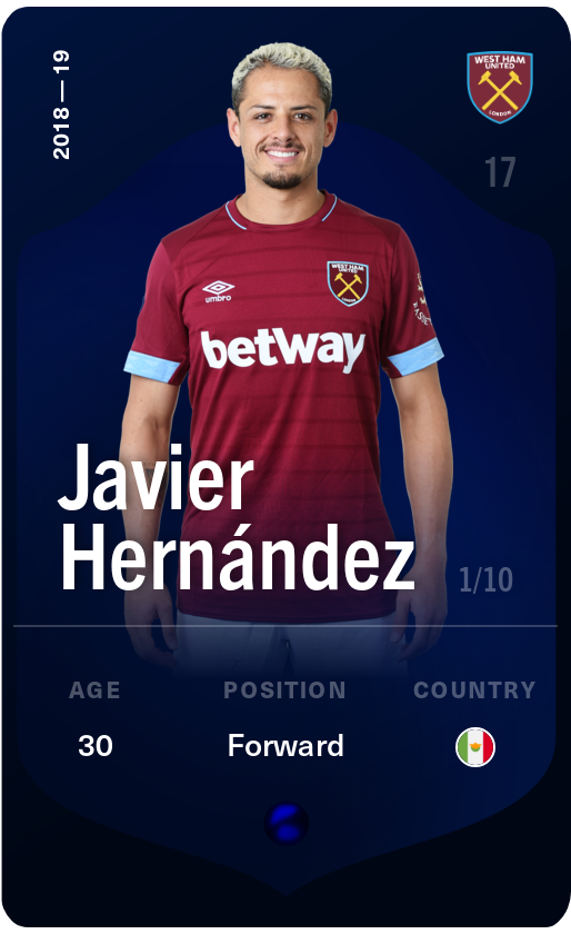 Sorare - Sorare Official - Javier Hernández 2018-19 • Super Rare 1/10 - NFT # 72243089521656308769801244881019398607236886274198228215383420506873982061505