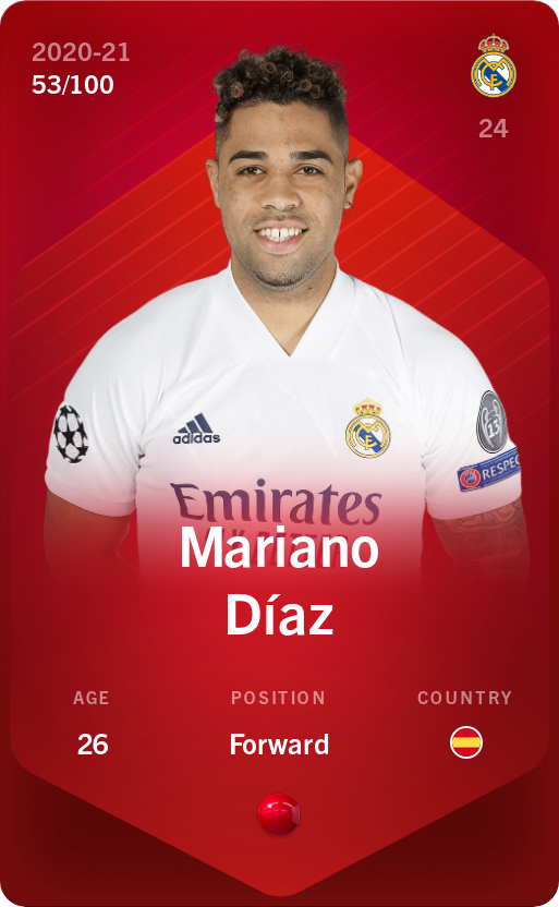 Sorare - Sorare Official - Mariano Díaz 2020-21 • Rare 53/100 - NFT # 7580770188304266357926102984049009637839523897844980814937166613400319633359