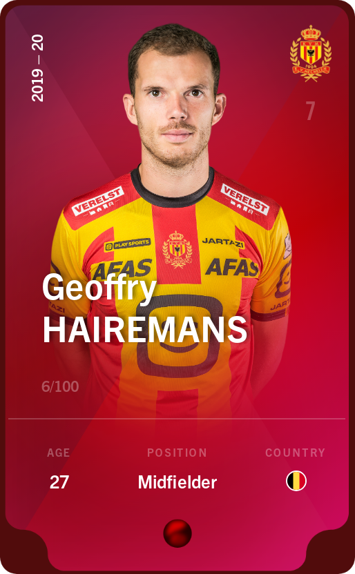 Sorare - Sorare Official - Geoffry Hairemans 2019-20 • Rare 6/100 - NFT # 84030641720572731648366328903476810960162198590946376033208012138966426447620