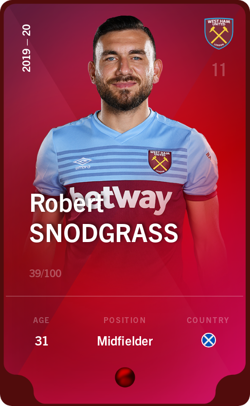 Sorare - Sorare Official - Robert Snodgrass 2019-20 • Rare 39/100 - NFT # 24097486706428052578069857778544999705036501031828458950064701164938622545528