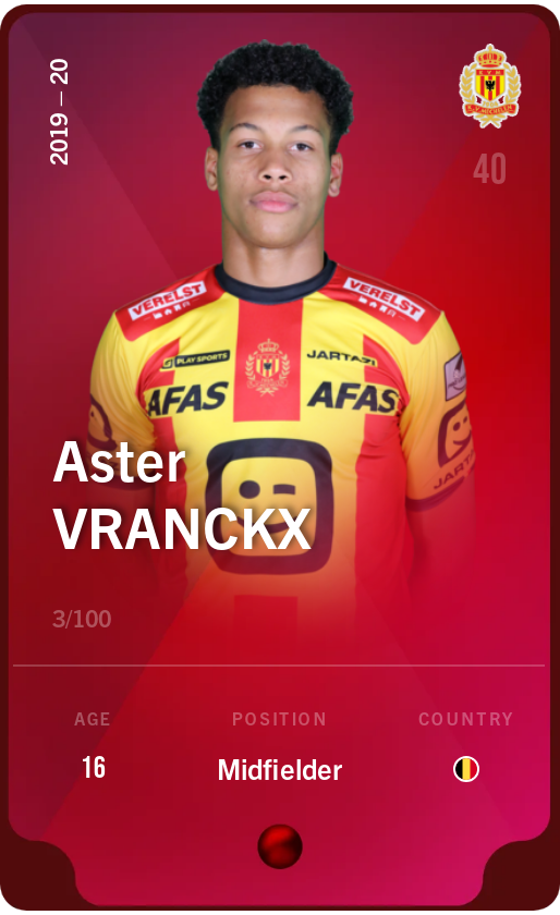 Sorare - Sorare Official - Aster Vranckx 2019-20 • Rare 3/100 - NFT # 10077492960781844969046127863169472975027725445295612798557378065105560907870