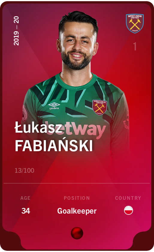Sorare - Sorare Official - Łukasz Fabiański 2019-20 • Rare 13/100 - NFT # 95069534695908881555987657254684299310248628238684886173162040861127719175281