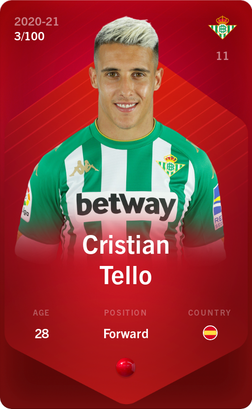 Sorare - Sorare Official - Cristian Tello 2020-21 • Rare 3/100 - NFT # 97039695248118588334377246950328134532148777671098546305292434571838914127185