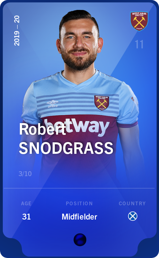 Sorare - Sorare Official - Robert Snodgrass 2019-20 • Super Rare 3/10 - NFT # 53156693579437910665558420725742014944286838359786224181221298102009910889261