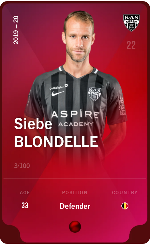 Sorare - Sorare Official - Siebe Blondelle 2019-20 • Rare 3/100 - NFT # 88154557072760271041343268826824048146330519528898168567135620764233639940563