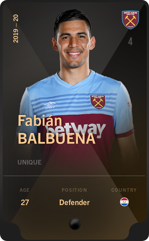 Sorare - Sorare Official - Fabián Balbuena 2019-20 • Unique - NFT # 5457957288754528333355696323239738063002074569894619724493436893143373116986