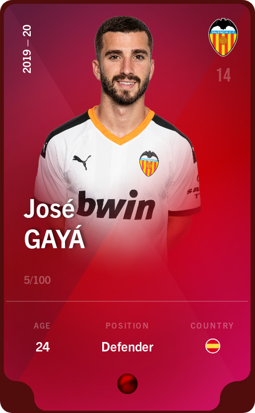 Sorare - Sorare Official - José Gayá 2019-20 • Rare 5/100 - NFT # 25228310910896568528850624670624759145701414381507180494971727499935011542384