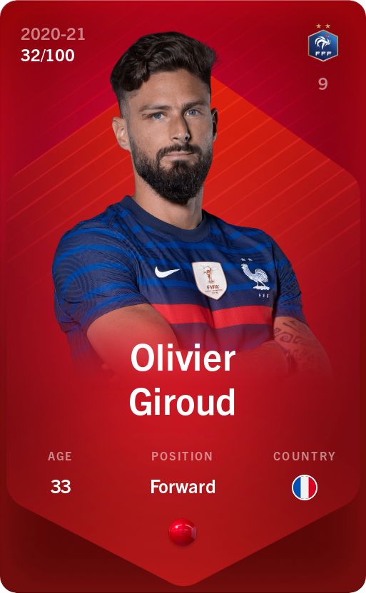 Sorare - Sorare Official - Olivier Giroud 2020-21 • Rare 32/100 - NFT # 61413678110192011571083312370777231351992563681962687291487796158903453858492