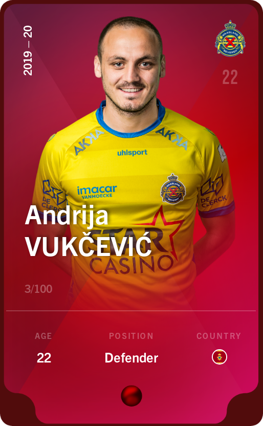 Sorare - Sorare Official - Andrija Vukčević 2019-20 • Rare 3/100 - NFT # 54524118150790636407218281485043660026336882632139568076510667333089800924431