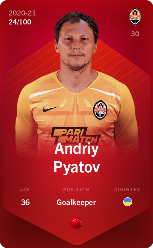 Sorare - Sorare Official - Andriy Pyatov 2020-21 • Rare 24/100 - NFT # 52772804862648279047144427343778085901237214143326392582881559107036322067854