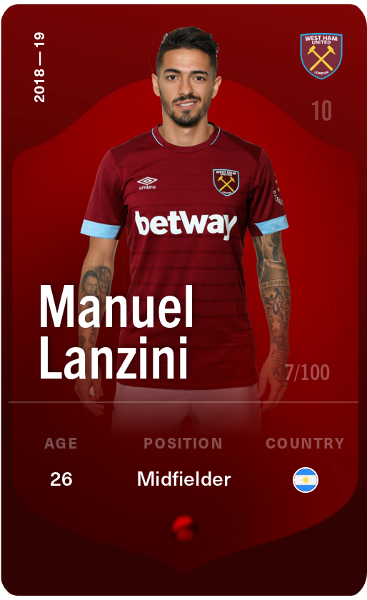 Sorare - Sorare Official - Manuel Lanzini 2018-19 • Rare 7/100 - NFT # 76045127847282424550472030387199370224792031252580752255145388785384280067780