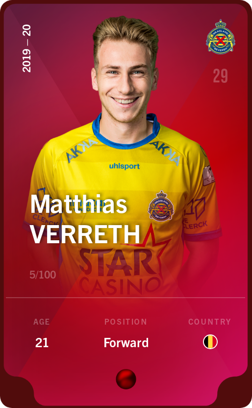 Sorare - Sorare Official - Matthias Verreth 2019-20 • Rare 5/100 - NFT # 22586695440574989204443324594745457153623122358766899645800568525324012445755