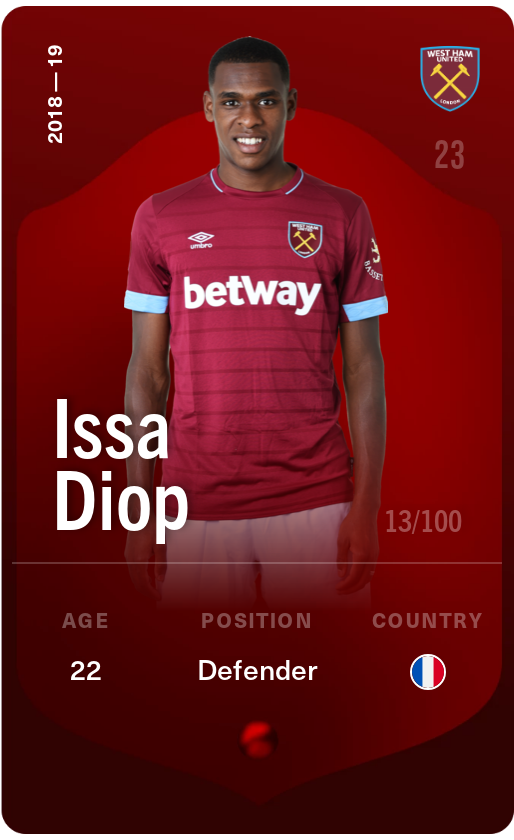 Sorare - Sorare Official - Issa Diop 2018-19 • Rare 13/100 - NFT # 90351620368935682520005288705185682596899269886525226836891263541269820800312