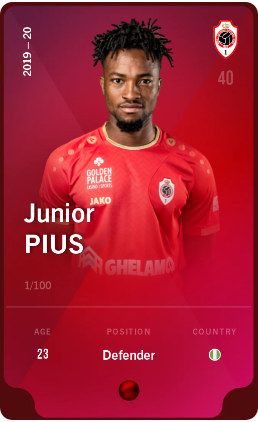 Sorare - Sorare Official - Junior Pius 2019-20 • Rare 1/100 - NFT # 19999027603338512105730497508161492388845897283454314895351068973328743856796