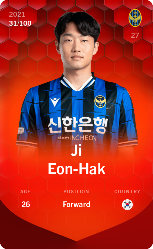 Sorare - Sorare Official - Ji Eon-Hak 2021-22 • Rare 31/100 - NFT # 32887085623535739456985235746972519226093437928286293312724391591991027084020