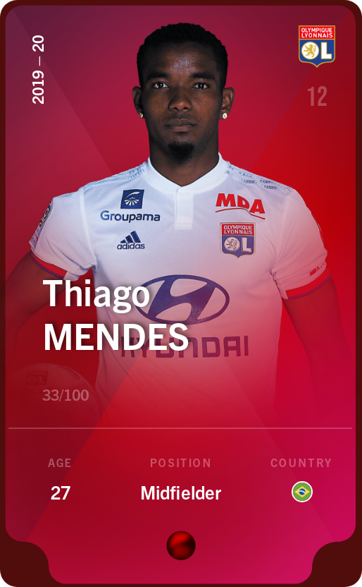 Sorare - Sorare Official - Thiago Mendes 2019-20 • Rare 33/100 - NFT # 35210772016303430615382755388685632572056186216161946641039994216791496533069