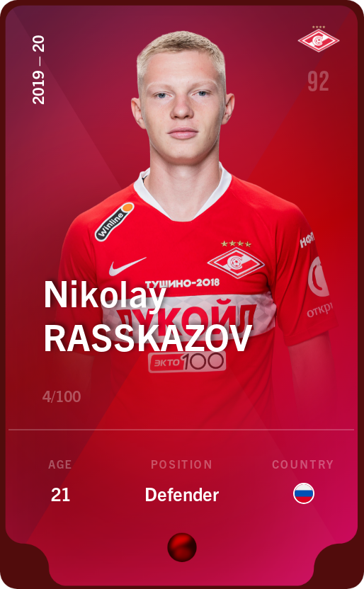 Sorare - Sorare Official - Nikolay Rasskazov 2019-20 • Rare 4/100 - NFT # 19139321591078209896092824981772891639155170331799356429411949163752011282664