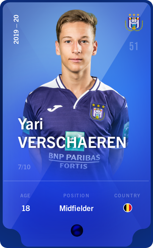 Sorare - Sorare Official - Yari Verschaeren 2019-20 • Super Rare 7/10 - NFT # 96539111415570008830568170487744147194720911629136930237491699736701841462102