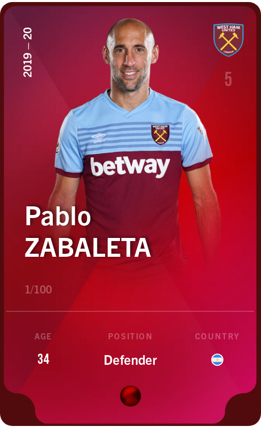 Sorare - Sorare Official - Pablo Zabaleta 2019-20 • Rare 1/100 - NFT # 53399483420509593477554287063874876215821909290754199478896095200023066045299