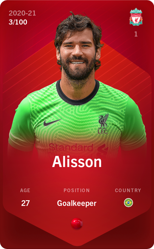Sorare - Sorare Official - Alisson 2020-21 • Rare 3/100 - NFT # 14660932170661201162343277652178761873627501053995758093564473659948259936453