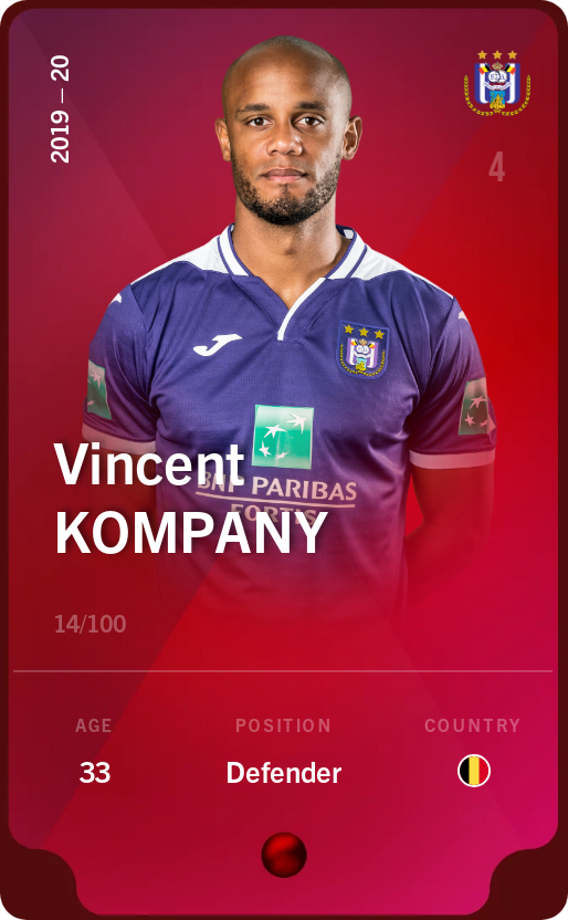 Sorare - Sorare Official - Vincent Kompany 2019-20 • Rare 14/100 - NFT # 4819230786054443627234830929161126140709452908823820257074014180336318893422