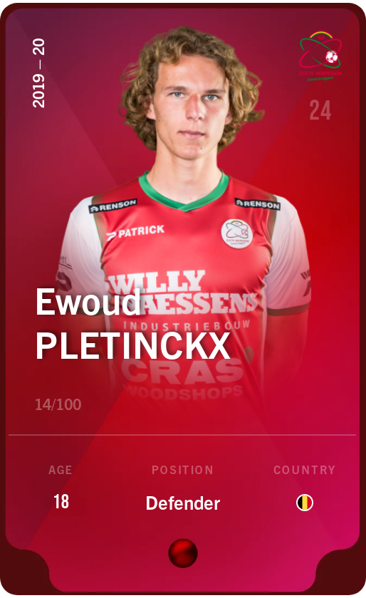 Sorare - Sorare Official - Ewoud Pletinckx 2019-20 • Rare 14/100 - NFT # 112515791527164881409348088423593013853237518339917045880353566240057950610929