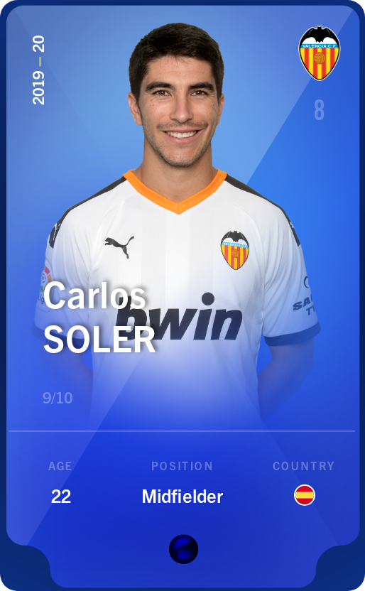 Sorare - Sorare Official - Carlos Soler 2019-20 • Super Rare 9/10 - NFT # 105869582186594835468368608089683141598013026751680669357367965722019049402933