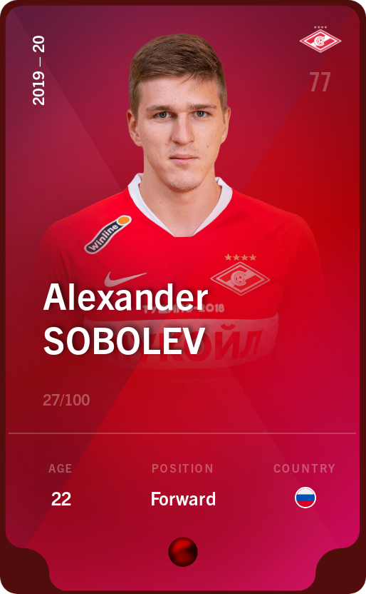 Sorare - Sorare Official - Alexander Sobolev 2019-20 • Rare 27/100 - NFT # 90297953164294238784733336193377450614099639594569053822411395729068371642596