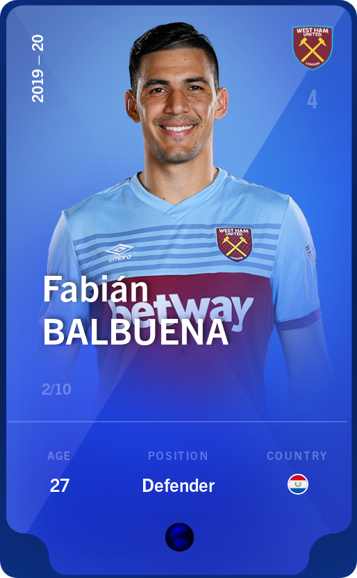Sorare - Sorare Official - Fabián Balbuena 2019-20 • Super Rare 2/10 - NFT # 81882326913240833430728387038796531393458140914000521096883889079456505614808