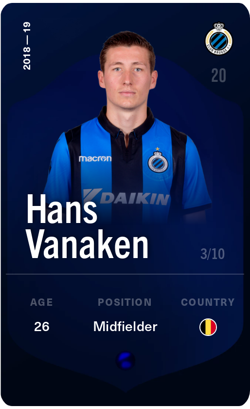Sorare - Sorare Official - Hans Vanaken 2018-19 • Super Rare 3/10 - NFT # 109119183257615138302591971351015240627561212837684368422776491165128203418331