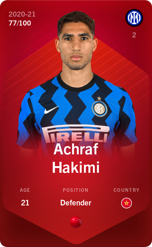 Sorare - Sorare Official - Achraf Hakimi 2020-21 • Rare 77/100 - NFT # 108919169246468400372722604955831362185296963350411501459294355356281440963674