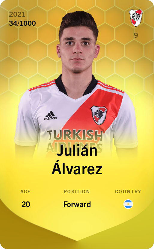 Sorare - Sorare Official - Julián Álvarez 2021-22 • Limited 34/1000 - NFT # 404702524028508795781220990784606106356114748887077007718370195591007907939