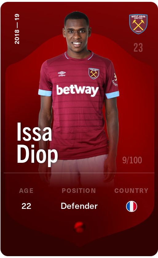 Sorare - Sorare Official - Issa Diop 2018-19 • Rare 9/100 - NFT # 29217919109839867421354121913654556929782047444099248178660204673030355533421