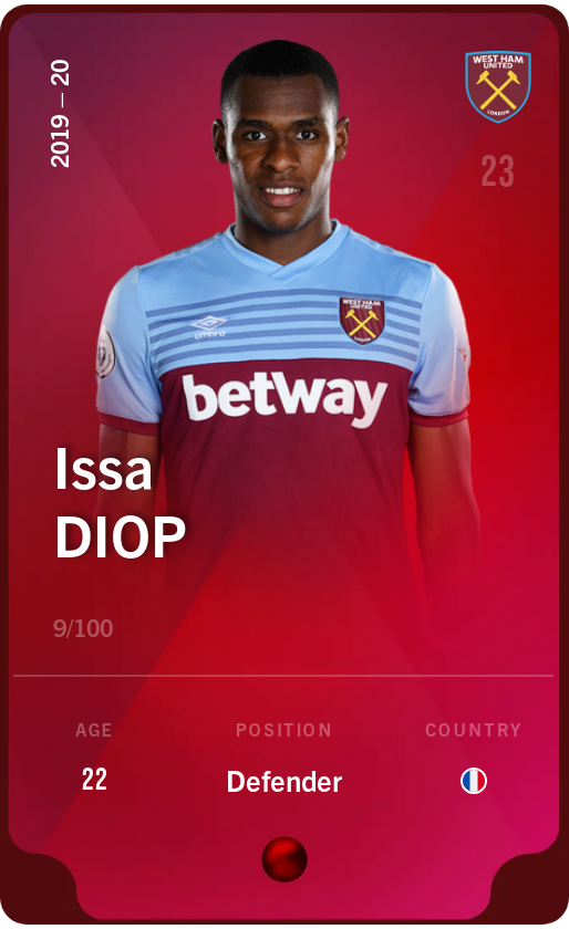Sorare - Sorare Official - Issa Diop 2019-20 • Rare 9/100 - NFT # 82652116494036085729932755192168575433503673367417064693650786216926599125478