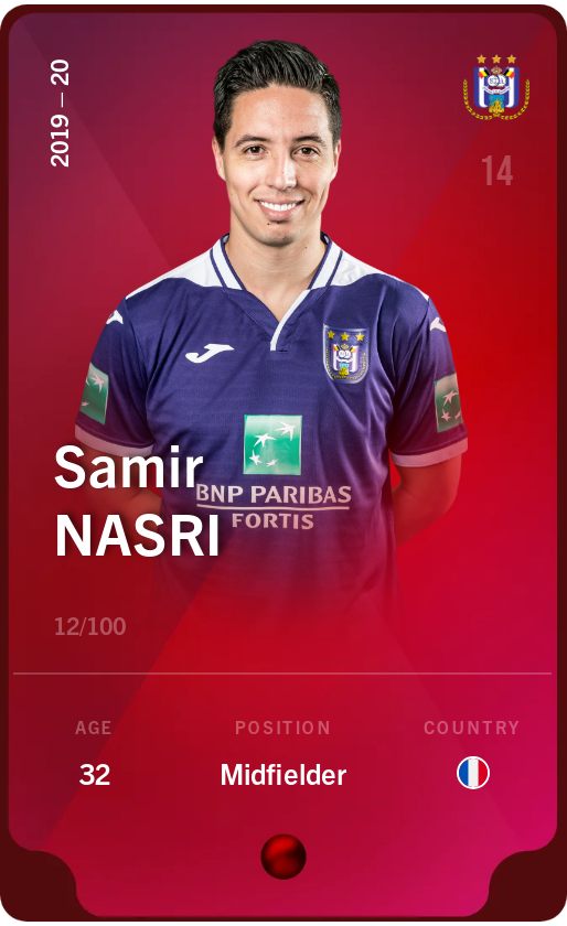 Sorare - Sorare Official - Samir Nasri 2019-20 • Rare 12/100 - NFT # 94311218100185206366998458738708013356474048196742447197794673177873059926738