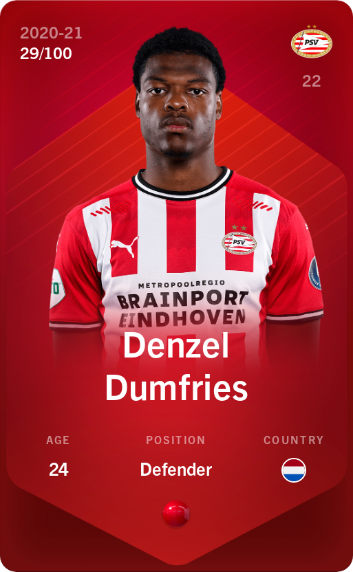 Sorare - Sorare Official - Denzel Dumfries 2020-21 • Rare 29/100 - NFT # 32404218892938405253547074656211288209599021496947041731199094151007326637690